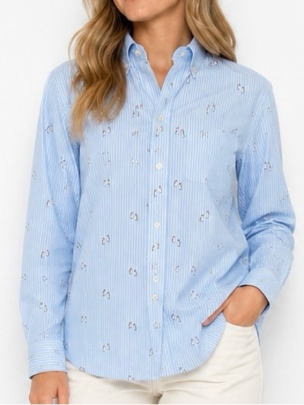 Crown & Ivy Women’s Small Penguin Print Striped Button Down Shirt Preppy Coastal
